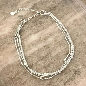 925 Sterling Silver Thin Multi Layer Bracelet Sequin Paperclip Link Bracelet